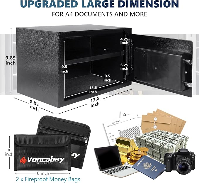 Voncabay Money Safe Box for Home with Digital Keypad, 0.8 Cu. Ft., Black | Alloy Steel, 2 Fireproof Bags, Digital Keypad with Display, Removable Shelf, Fits A4, 13.8 x 9.85 x 9.85 In. - Image 4