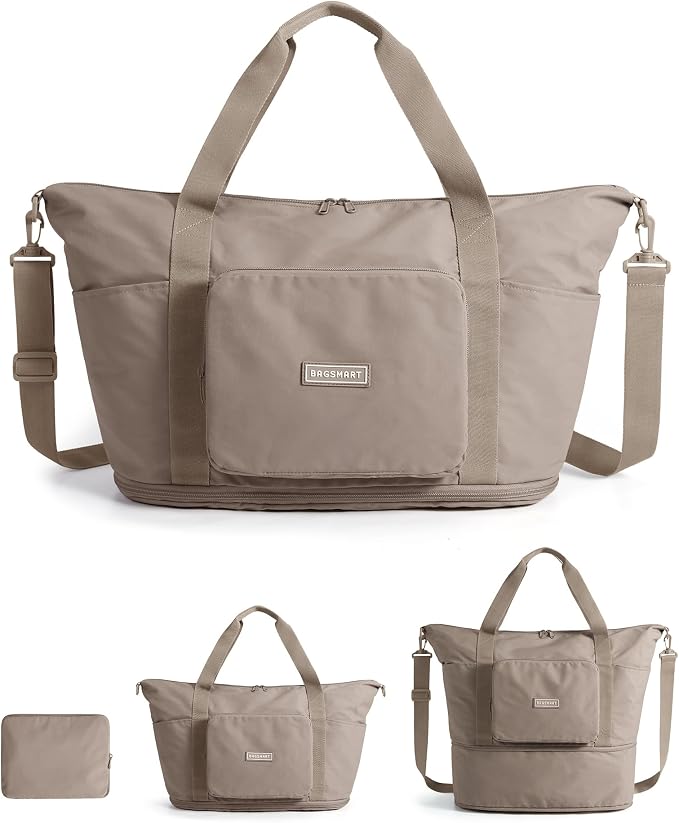 BAGSMART Foldable Travel Bag, 37L Expandable Personal Item Bag, Camel | Airline Approved Personal Carry-on Size, Fits Under-seat, Trolley Sleeve, Backup Bag for Travel, Vacation, Overnight by BAGSMART