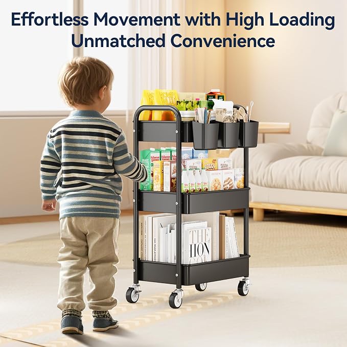 3 Tier Rolling Cart, Heavy Duty Metal Utility Cart with Wheel Black | Sturdy Rolling Storage Cart With Hooks & Hanging Cups, Great For Craft, Art Workspace, Kitchen ,Snack And Office Storage - Image 3