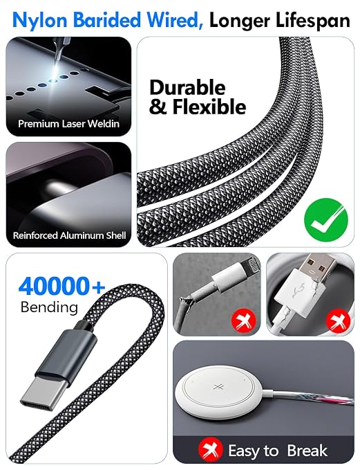 2Pack Travel Essentials for Apple Watch Charger,3-in-2 Multi Charging Cable | Cruise Vacation Camping Essentials for iPhone Charger,Type C/Lightning for iWatch,iPhone 17-12,Xbox Series X&S-4FT Black - Image 5