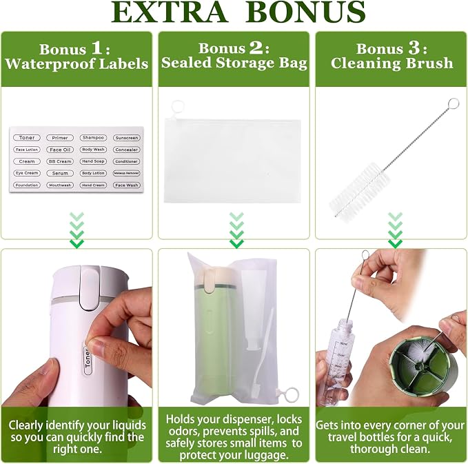 4 in 1 Travel Dispenser, Refillable Leak Proof Travel Bottle Set (White) | 4 Pack 30ML TSA Approved Travel Toiletry Bottles with Stickers, Brush & Storage Bag for Shampoo, Lotion and Conditioner - Image 5
