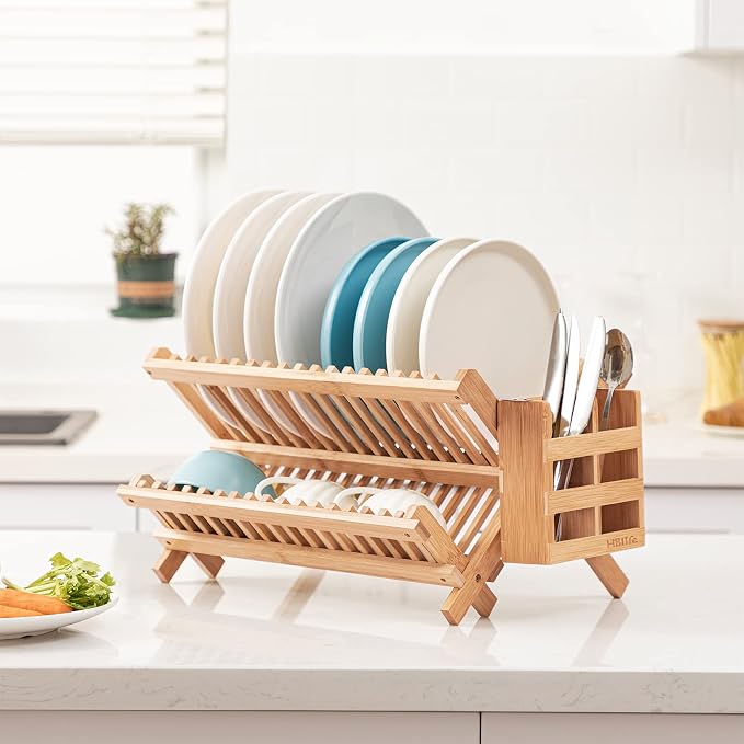 HBlife Dish Rack, Bamboo Folding 2-Tier Collapsible Drainer Dish Drying Rack with Utensils Flatware Holder Set (Dish Rack with Utensil Holder) - Image 2