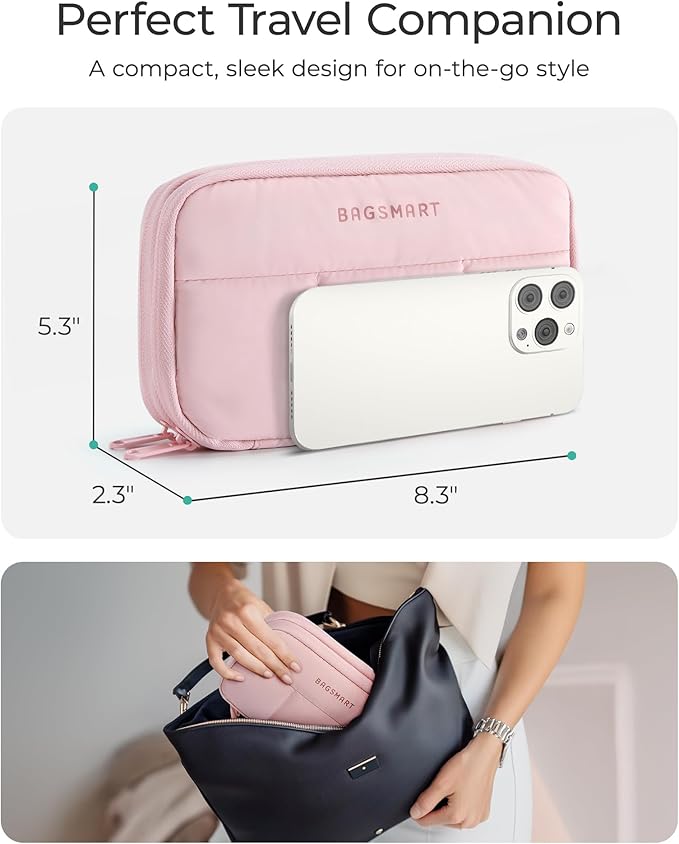 BAGSMART Electronics Organizer Travel Case for Cords Chargers Phones, Pink | Puffy Padded, Travel Essentials, Cord organizer bag for Cables, Compact Tech Accessories Pouch - Image 5