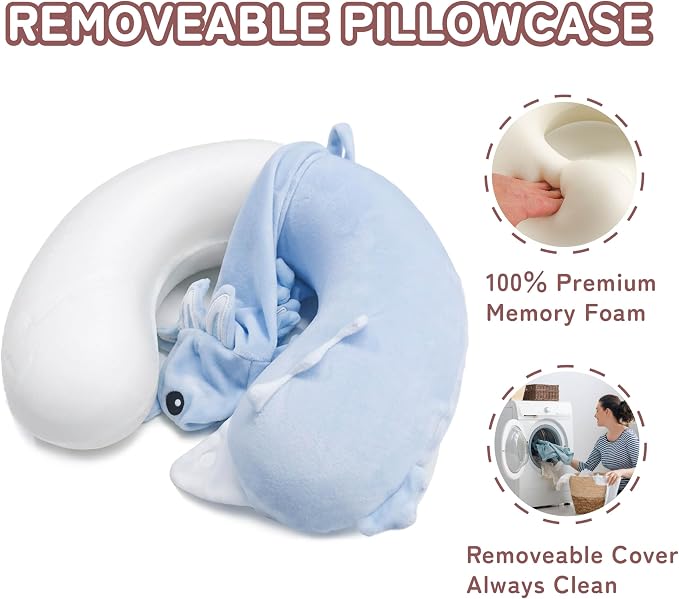 Memory Foam Travel Neck Pillow for Teens and Adults, Blue Axolotl Design | Removable cover, machine washable, 360-degree head & chin support, 17 in neck size for teens and adults, car & airplane use - Image 3
