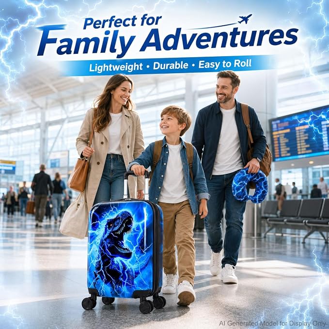 UFNDC Lightweight Hardshell Spinner Luggage Set for Kids 2PCS with Wheels - Airplane Approved Carry-On Suitcase for Boys Ages 3-10, Lightning Dinosaur Rolling Suitcases for Elementary Toddler Travel - Image 2