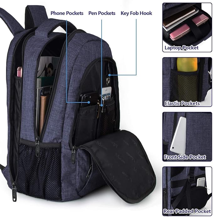 MATEIN Blue Heavy Duty Backpack, Computer Bookbag Fits 17 Inch Notebook | Large Carry On Luggage Travel Laptop Bag, Anti Theft Pocket, Sturdy College Business Daypack, Gifts for Men & Women - Image 6