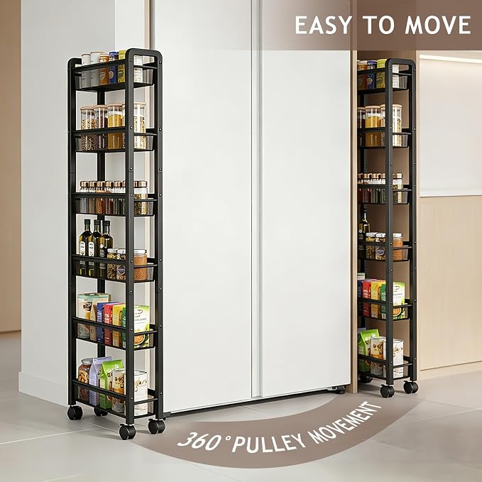 6 Tier Slim Rolling Storage Cart, Narrow Kitchen Storage Cart, Spice Rack Organizer with Wheels, Space Saving Shelf for Living Room, Laundry Room, Bathroom, Narrow Spaces - Image 7