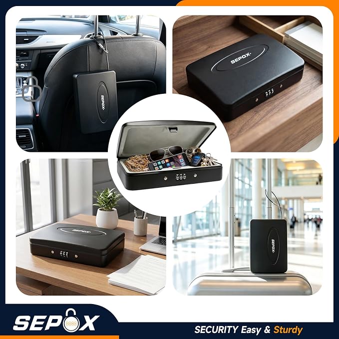 SEPOX® Portable Heavy Duty Steel Lock Box 8.1x5.7in 3ft Cable Combo Safe | For Travel Hotel Office Dorm Compact Steel Alloy Lock Box 3-Digit Code 3ft Steel Cable Secures Cash Passport Jewelry Small - Image 4