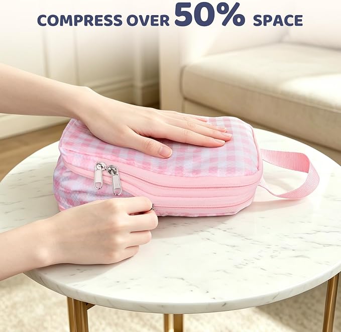 4 Set Expandable Compression Packing Cubes for 3–7 Day Travel, Solid & Plaid Fabric Travel Organizers, Double-Zipper Storage Bags for Carry-On & Suitcases(4set-Pink Gingham) - Image 2