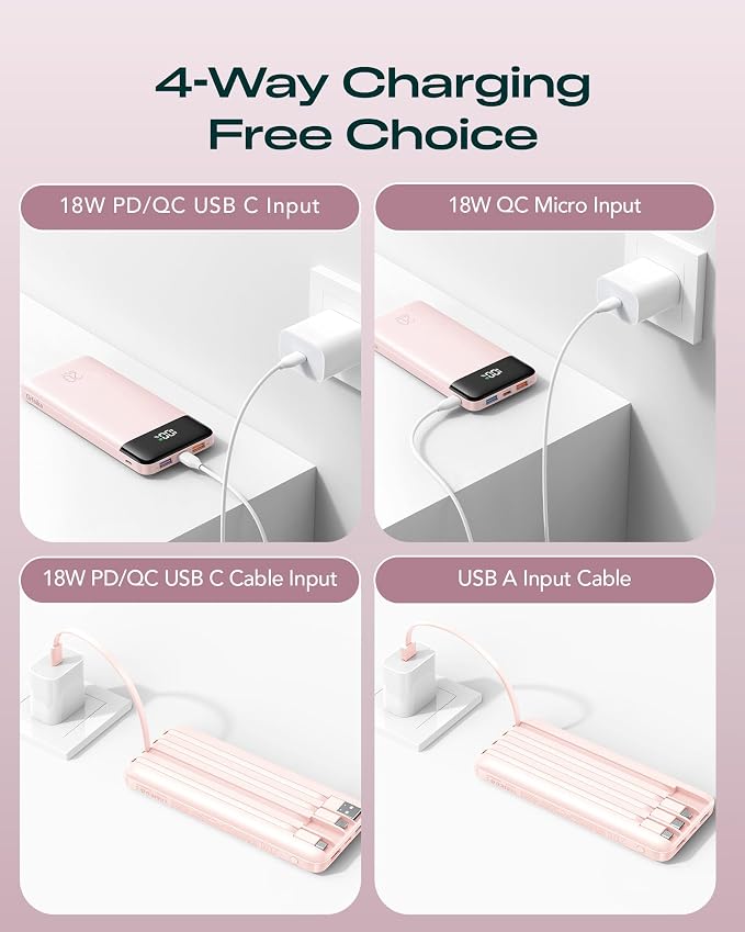 Orfeika 20000mAh Power Bank, Portable Charger with 4 Built-in Cables | 20W PD USB C Fast Charging,6 Outputs,LED Display,Flight-Safe,Travel Essentials Battery Pack for iPhone, Galaxy, iPad & More - Image 8