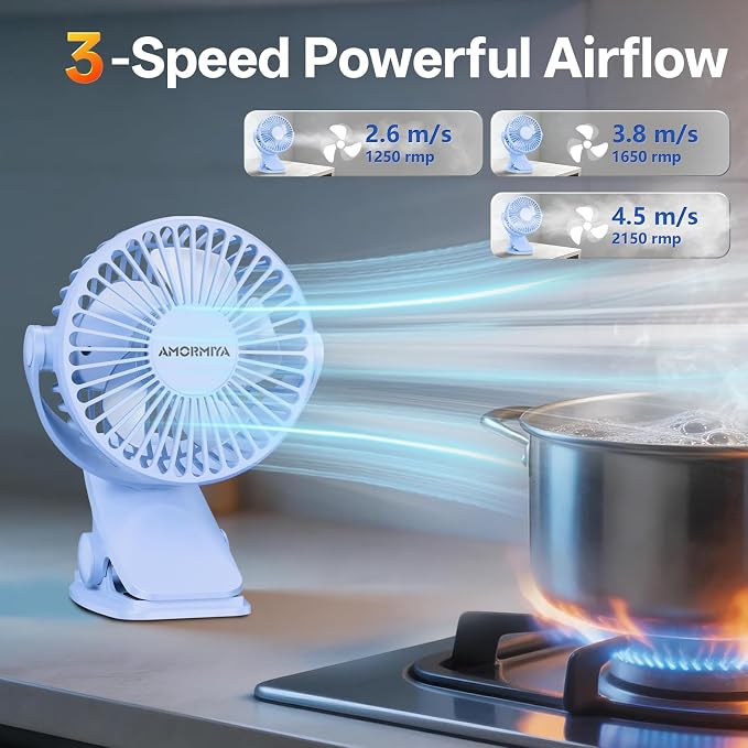 Portable Clip on Fan Rechargeable Mini for Desk Golf Camping Blue | 4000mAh 20H Battery, Quiet Brushless Motor 4.5m/s, One-Click Shutdown, 3 Speeds, Detachable Cover, Type-C Charge, 360° Rotate - Image 8