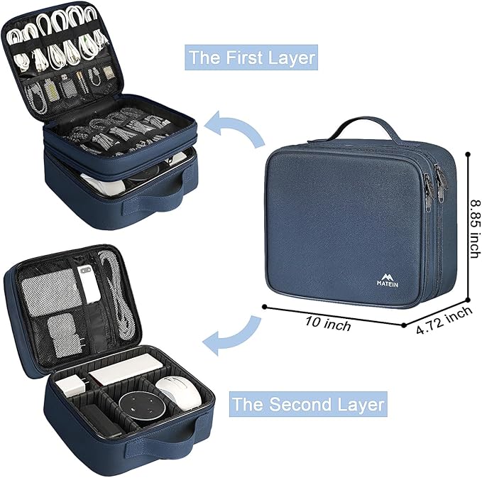 MATEIN Cord Organizer Case with Adjustable Divider, DJ Cable File Bag | Electronic Storage, Tech Accessories, Charger Cable Organizer, Cord Bag, Double Layer, Shockproof, USB Cable Organizer, Blue - Image 3