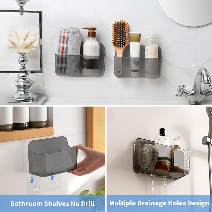 Wall Mount Organizer, 2Pc Small Adhesive Cabinet Door Organizer | Bathroom Shelf for Wall,No Drilling Hang Adhesive Shelf, with Self Adhesive Tapes, for Bathroom, Kitchen, Living Room - Grey - Image 4