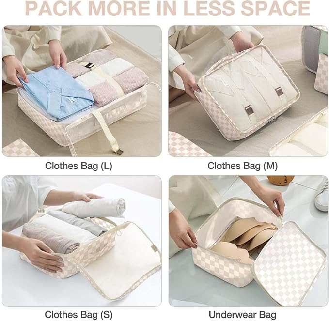 8 Set Packing Cubes for Suitcases,Packing Cube with Shoe, Cosmetics, Clothing, and Accessories Bags Packing Cubes for Travel Luggage Organizer Women Men(Khaki Grid-A) - Image 4