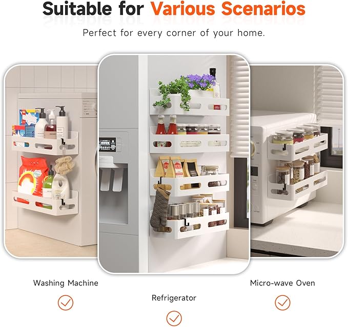 2-Pack Magnetic Spice Rack for Refrigerator with Hooks, White | Strong multipurpose magnetic shelf for kitchen & bathroom organization. Includes 4 removable hooks for hanging items. - Image 6