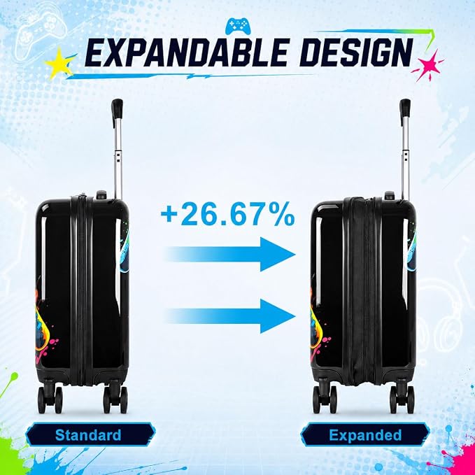 UFNDC Lightweight Hardshell Spinner Kids Suitcase Set 2PCS with Wheels - Airplane Approved Carry-On Luggage for Boys & Children Ages 3-10, Fun Game Rolling Suitcases for Elementary Toddler Travel - Image 4