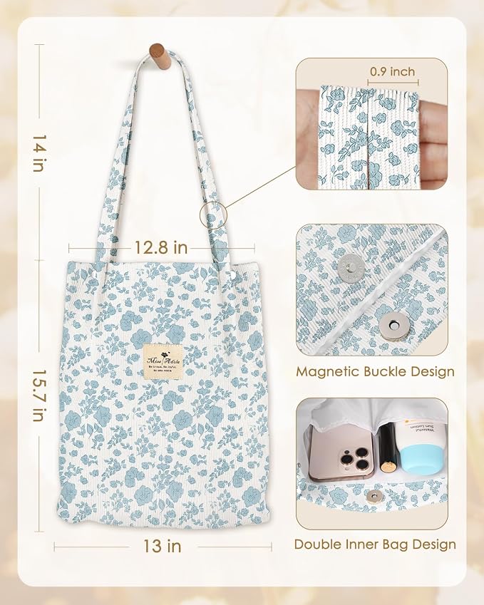 Miss Adola Designer Corduroy Tote Bag for Women | 3 Magnetic Buckles, Aesthetic Pattern, Reusable, Soft, Roomy Carry for Work, Travel, Grocery Runs - Image 5