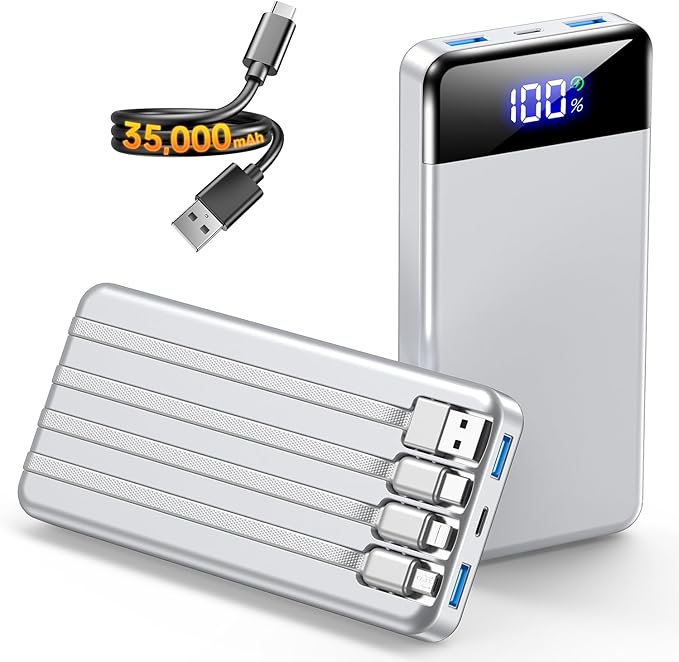 SABANI Portable Charger 35000mAh Power Bank, 4 Built in Cable Big Capacity | Ultra Slim, 22.5W Fast Charge, Travel Camping Essential, USB C External Battery Pack for iPhone Samsung Android, Silver by SABANI