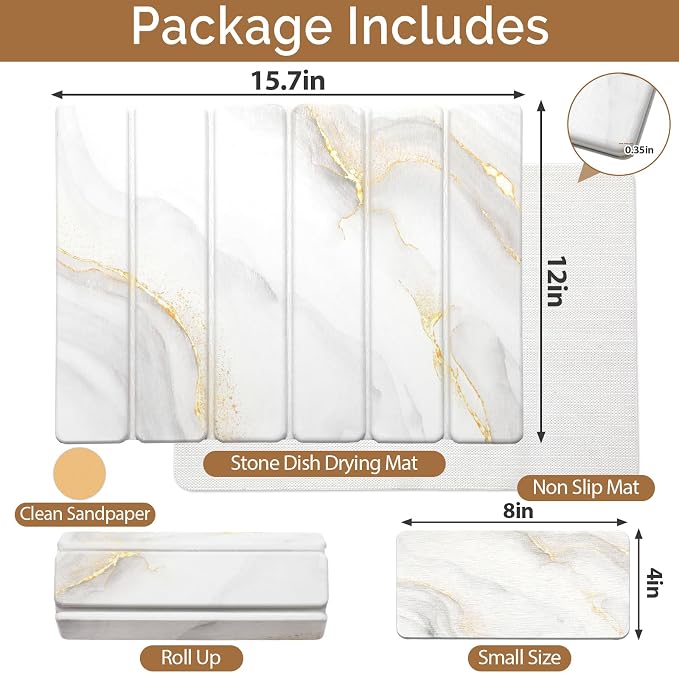 Small Stone Dish Drying Mat for Kitchen Counter, 15.7"×12" & 8"x4" Quick Dry Stone Mats, Foldable Water Absorbing Diatomaceous Earth Drying Dish Pad for Countertop Bottles Utensils Cup(Gold White) - Image 2