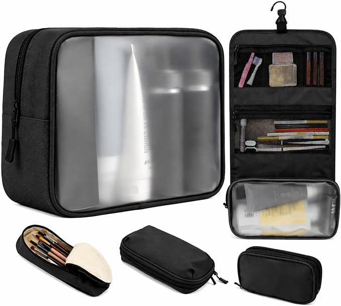 5-Piece Travel Toiletry Bag for Women, Organize Toiletries & Cosmetics | Personal Travel Essentials, with Hanging Toiletry Bag, Clear Cosmetic Bag, Makeup Bag, Jewelry Case & Cable Pouch - Black by Idcymoul