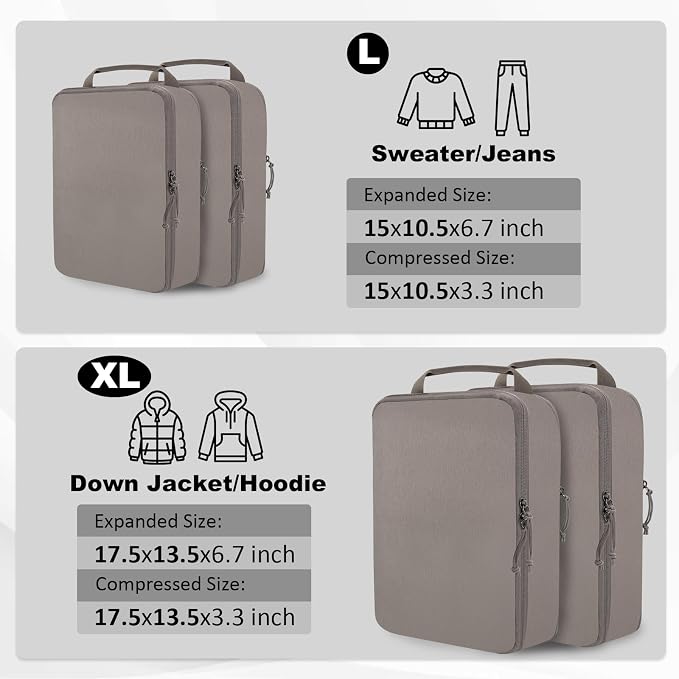 Compression Packing Cubes for Travel Suitcase Organizer Bags, Khaki, XL | Expandable Travel Cubes for Packing Luggage Organizer Bags Compression Bags for Travel Essentials - Image 2