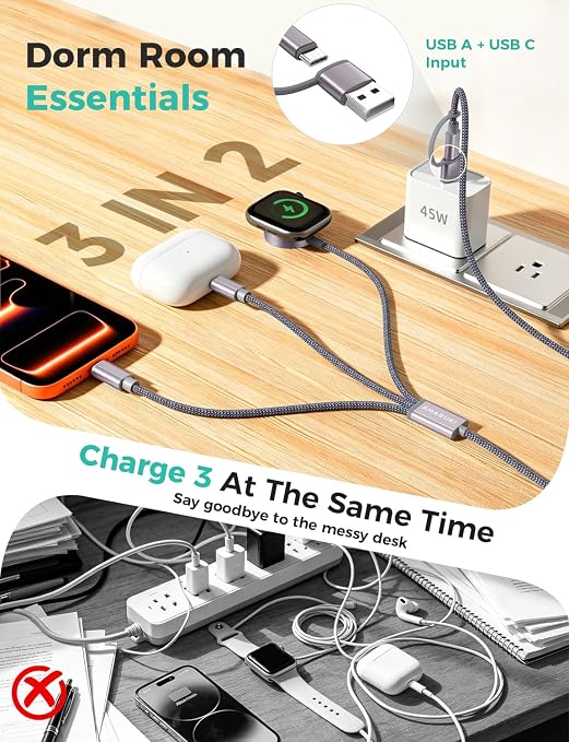 2026 Travel Essentials for Apple Watch Charger,Cruise Vacation Camping Essentials,iPhone Charger,Multi Charging Cable,3 in 2 Charging Docks for iWatch Series 11-2/Ultra,iPhone 17-12,Car - Image 2