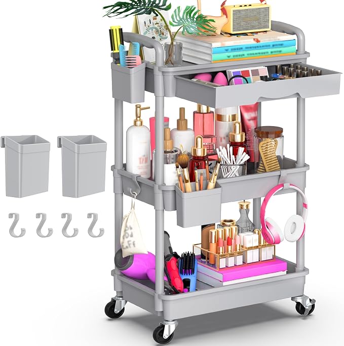 Goovilla 3 Tier Rolling Utility Cart Organizer with Removable Drawer, Grey | Stable and Sturdy Rolling Storage Carts with 2 Lockable Wheels for Bathroom, Kitchen, Snack, Craft, Makeup, Baby Essentials by Goovilla