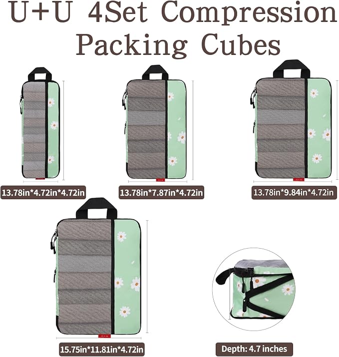 U+U 4 Set Compression Packing Cubes, Travel Organizers (Daisy) | Space-Saving & Lightweight Travel - Image 3