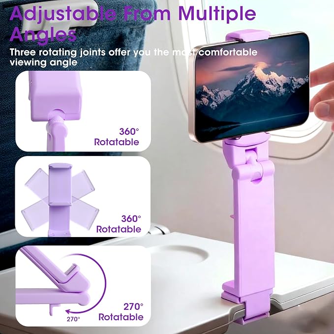 Airplane Phone Holder, Foldable Phone Holder for Airplane Seat Back Luggage Pole Desk 360° Rotation for Multi-Directional Viewing, Travel Essentials Holds Cell Phones (Purple 1pcs) - Image 4