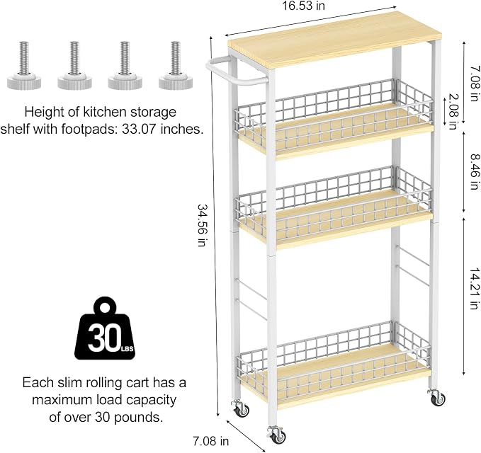 NOVIMANGO Slim Storage Cart White 4 Tier Rolling Cart with Wheels | Slim Rolling Cart for Kitchen, Narrow Storage Cabinet for Bathroom, with Wood Tabletop, for Narrow Spaces - Image 2