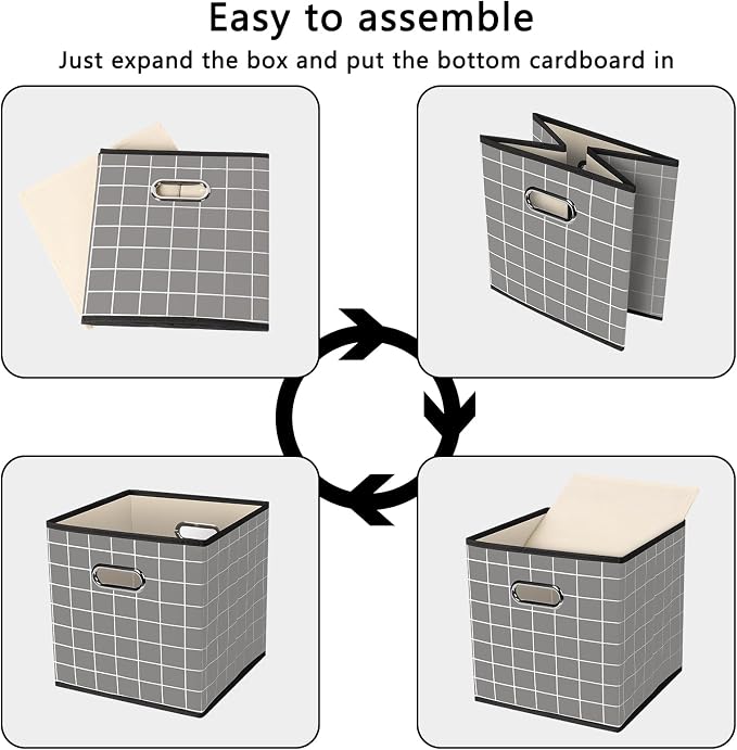 Yunkeeeper storage bins Cubes, Fabric Cube Organizer with Handle, Foldable Cube Bins for Cloth or Accessary Storage, 11x11x11, Set of 6, (Grey grid) - Image 6