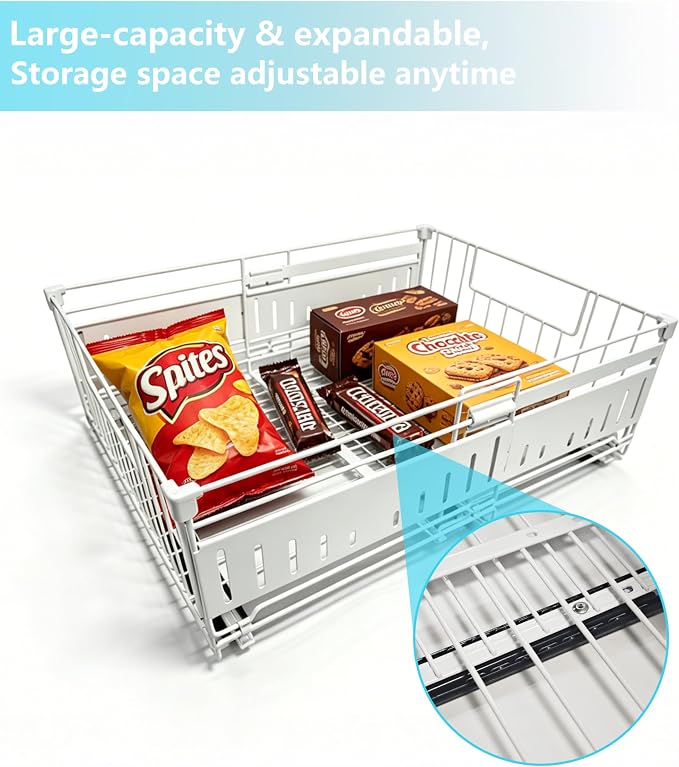 KimHong 2 Pack Pull Out Cabinet Organizer, Expandable Drawer Organizer with Adjustable Width 12.4"-19.5", Adhesive No Drill Under Cabinet Shelves for Home Kitchen Pantry with Silent Slides - Image 3