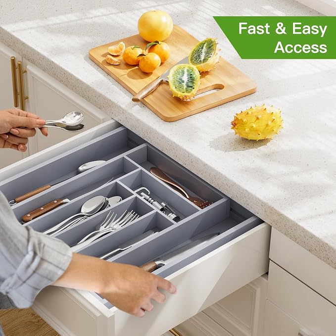 Pipishell Bamboo Expandable Drawer Organizer for Utensils Holder, Adjustable Cutlery Tray, Wood Drawer Dividers Organizer for Silverware, Flatware, Knives in Kitchen, Bedroom, Living Room(M-Grey) - Image 7