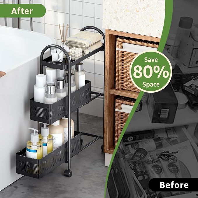 KINGRACK 3 Tier Slim Rolling Cart with Drawer, Metal Utility Storage Cart | 2 Pull-out Baskets, Lockable Wheels, Narrow Space Trolley Organizer for Bathroom, Kitchen, Office, Dorm, Laundry Room, Black - Image 3