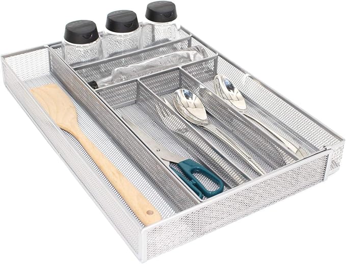 JANE EYRE Utensil Drawer Organizer - Expandable Cutlery Tray, Silverware/Flatware Storage Divider for Kitchen, Mesh Designing with Non-slip Rubber Feet (Silver) - Image 7