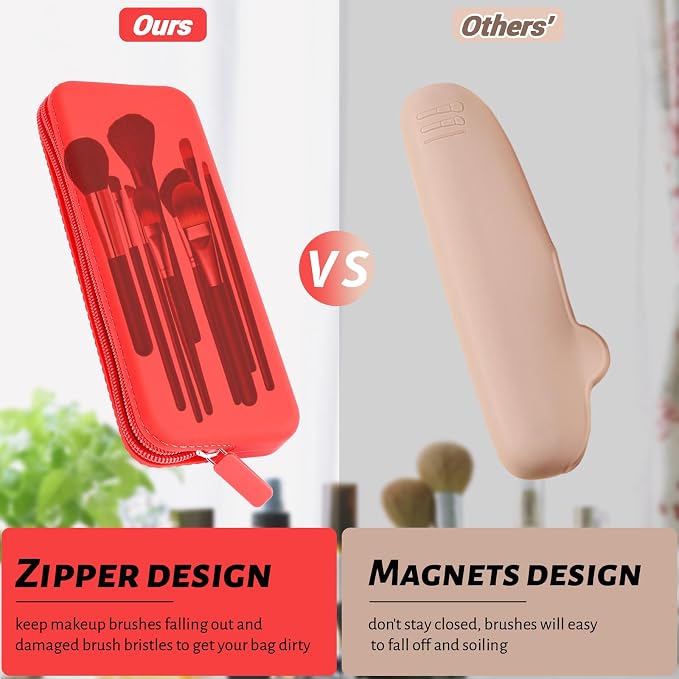 Travel Makeup Brush Holder, Waterproof Silicone Makeup Brush Bag with Zipper Closure, Soft Portable Makeup Brushes Organizer, Small Cosmetic Bag for Daily Work (Red) - Image 5
