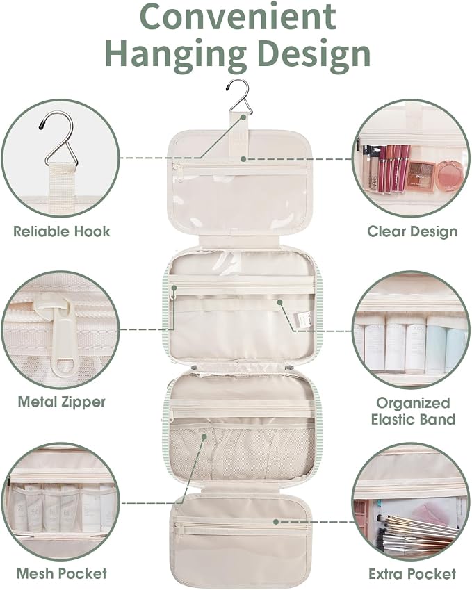 Narwey Striped Travel Toiletry Bag for Women Large Hanging Makeup Bag Organizer Toiletries Bag for Full Size Essentials Accessories Cosmetics (Mint Green Stripe (Large)) - Image 7