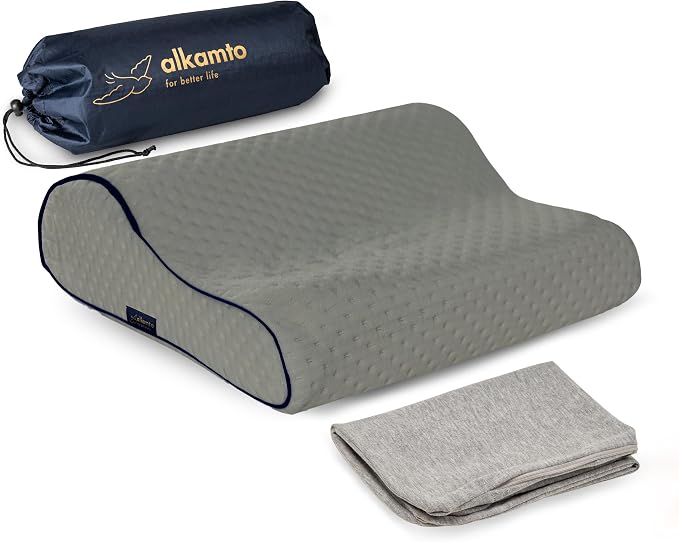 alkamto Travel & Camping Comfortable Memory Foam Pillow – Easy to Carry Portable Bag – Temperature Regulating Pillow Case (Grey Contour + Extra Cover) by Alkamto