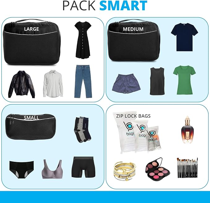 bago 8 Pcs Packing Cubes for Travel - 5 Travel Packing Cubes for Suitcases with 3 ZipLock Bags, Luggage Organizer Bags to Get Maximum Storage, Save Time & Effort to Pack (Black) - Image 4