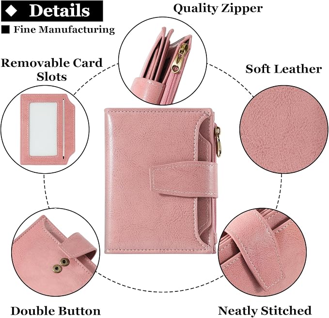 Small Wallet Women RFID Blocking Soft Leather Bifold Compact Card Holder Wallet for Women with Zipper Coin Pocket 4 ID Window - Image 5