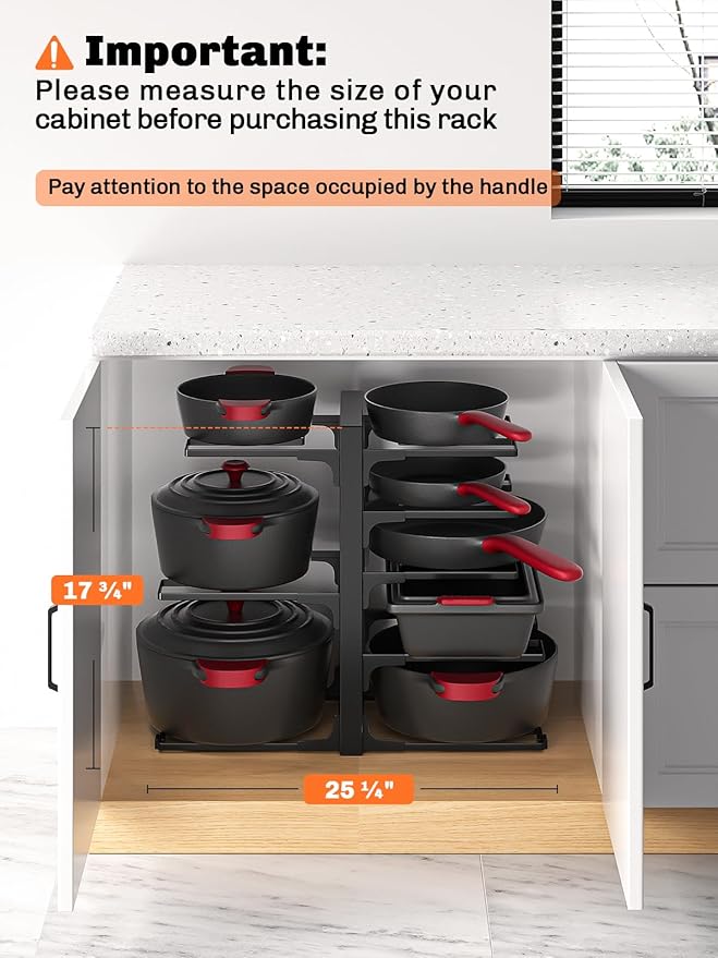 MUDEELA 8-Tier Heavy Duty Pots and Pans Organizer under Cabinet, Black | Adjustable 15.83" H pot rack, pan organizer Holds big stockpots, Cast Iron Skillet and cookware for use inside cabinets - Image 2