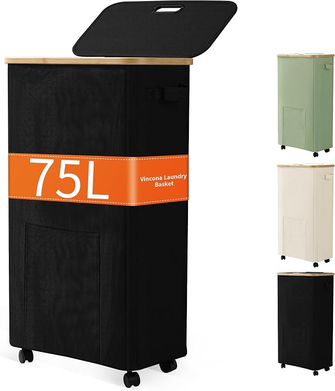 Laundry Basket with Wheels, Dirty Clothes Hamper on Wheels, Rolling Tall Laundry Hamper with lid for Laundry Room, Dorm and Bathroom, 75L Black by Vincona