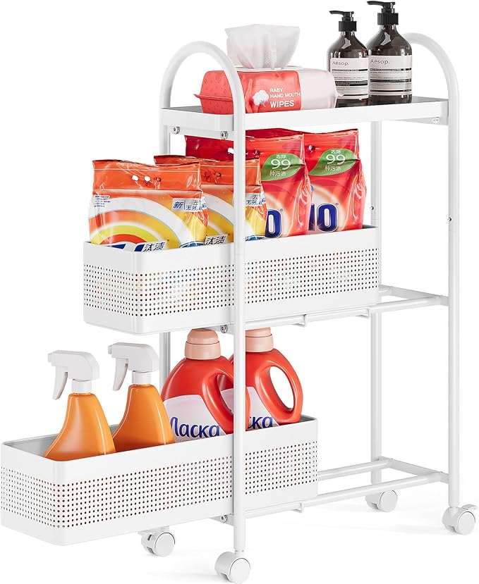 KINGRACK 3 Tier Slim Rolling Cart with Drawer, Metal Utility Storage Cart | 2 Pull-out Baskets, Lockable Wheels, Narrow Space Trolley Organizer for Bathroom, Kitchen, Office, Dorm, Laundry Room, White by KINGRACK