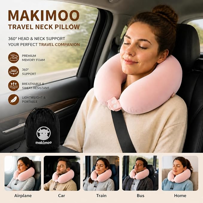 Travel Neck Pillow, Top Memory Foam Pillow for Head Support, Ideal for Airplanes, Cars, and Home Recliners, Adjustable and Soft (Pink) - Image 3