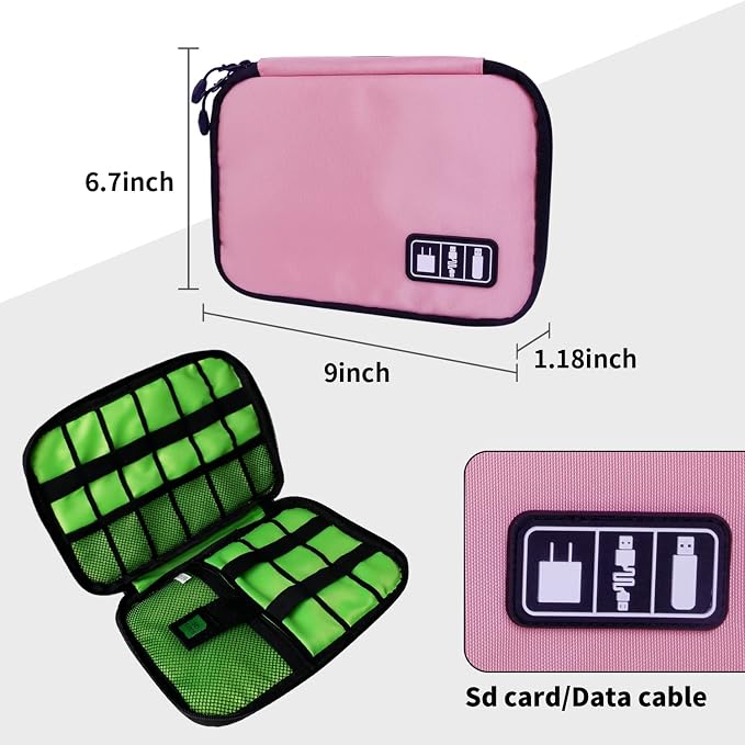 Lcsmaokin Electronics Travel Organizer,Portable Waterproof Electronic Travel Storage Bag for Small Charging Cord Storage,Charger,SD Card etc,for Travel,Business -Pink Green - Image 5