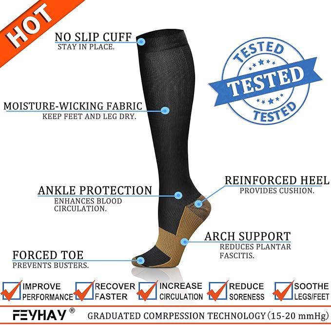 FEYHAY Copper Compression Socks (8 Pairs) 15-20 mmHg Circulation is Best Athletic & Daily for Men & Women, Running, Climbing - Image 4
