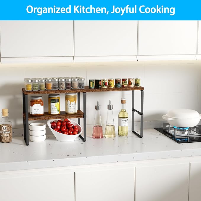 Golener Kitchen Counter Organizer, Countertop Shelf, Adjustable, Stackable | Kitchen Countertop Organizer, Spice Rack, 2-Tier Countertop Shelves, Corner Desk Shelf, Corner Counter Shelf, Rustic Brown - Image 3