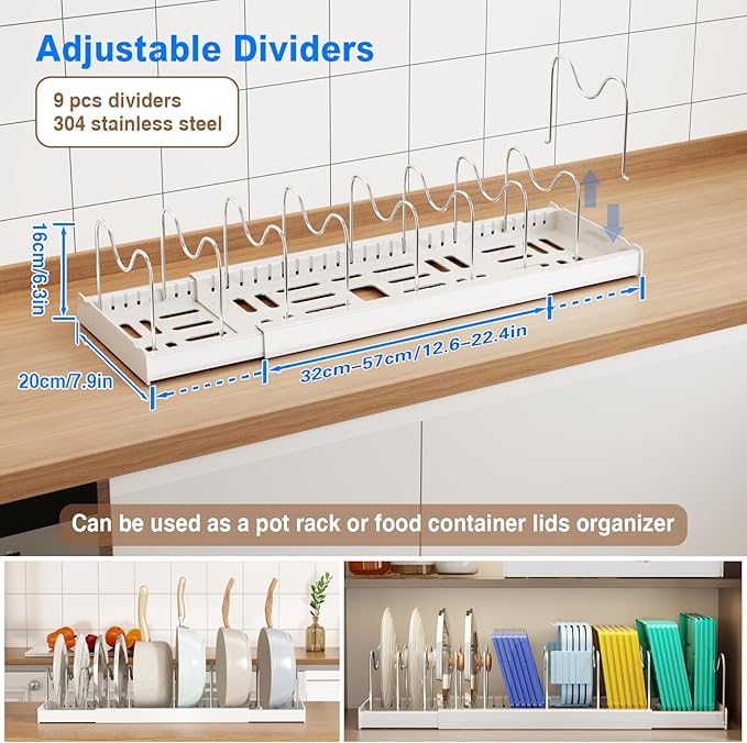 Mustorn Pots and Pans Organizer Under Cabinet, 22" Expandable Food Storage Container Lid Organizers with 9 Adjustable Dividers Pot and Pan Lid Holders Rack Inside Cabinet/Countertop(1 Pack, White) - Image 2
