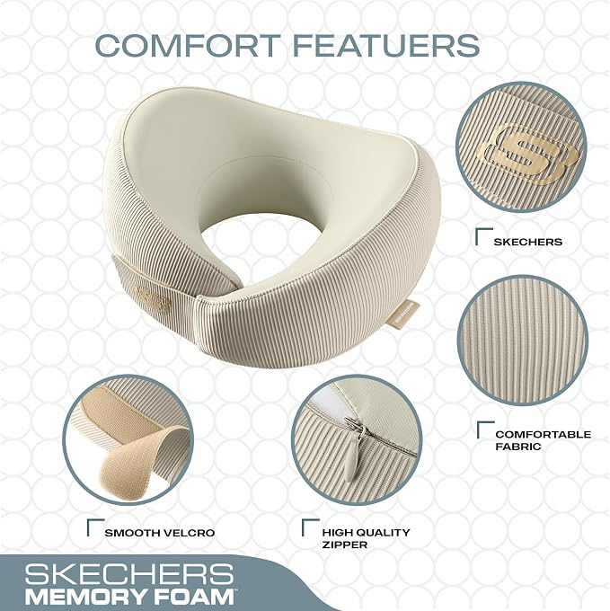 Skechers Men's Memory Foam Neck Pillow, Comfortable & Breathable Travel Pillow, Neck Pillow Airplane for Travel, Car Rides, Home, and Office Use, Ergonomic Design for Men and Women,Beige - Image 3