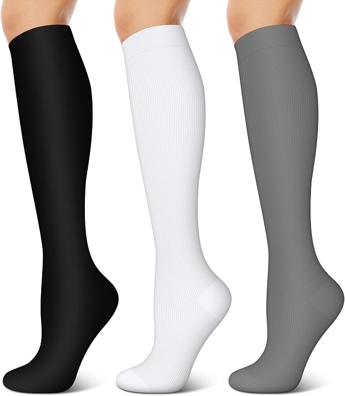 3 Pairs Compression Socks for Women & Men 15-20 mmHg- Best Support for Nurses, Running, Hiking, Recovery & Flight Socks by KXOVT